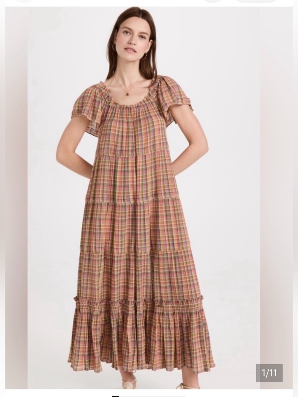 The Great The Nightingale Cotton Tiered Flutter Sleeve Plaid Maxi Dress Sz 1 Sm - Picture 3 of 11